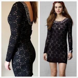 Denim & Supply Ralph Lauren Black Lace Bodycon Mini Dress Beaded Neck Boho Goth